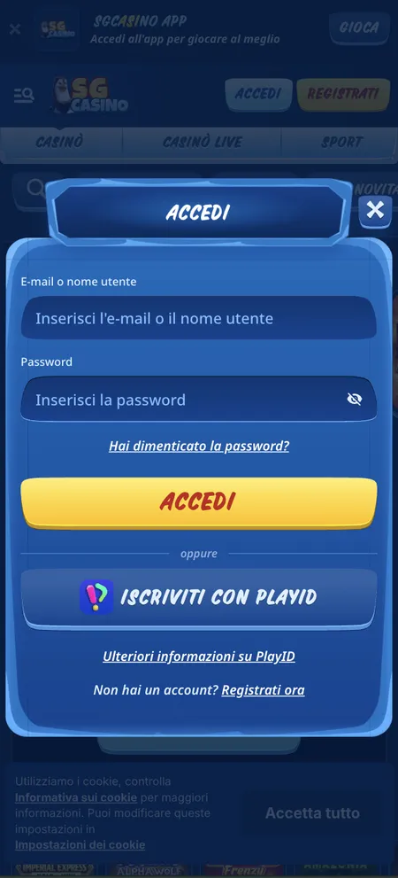 Schermata login Win Casino con campi email e password