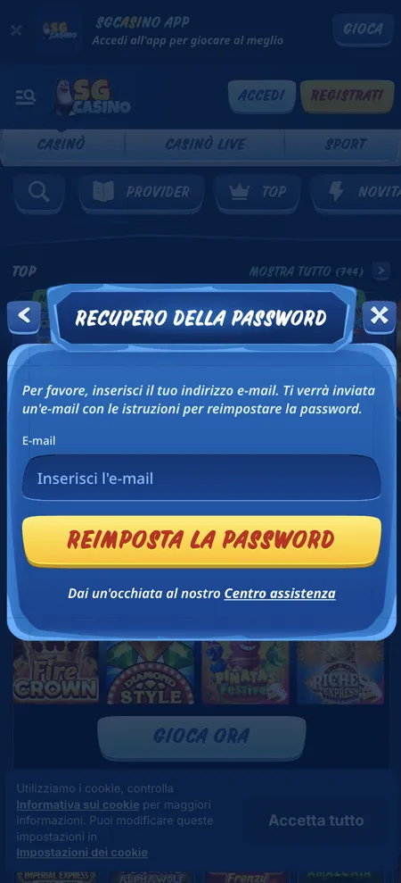 Schermata recupero password Win Casino