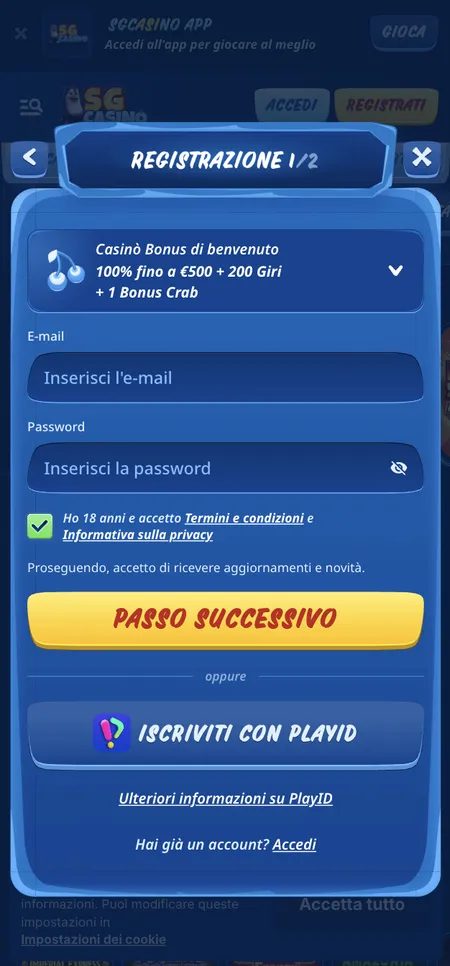 Schermata registrazione Win Casino con scelta bonus e campo email